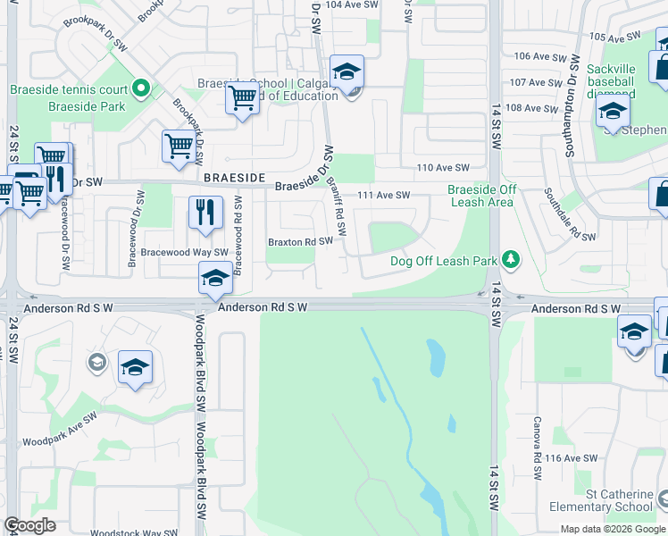 map of restaurants, bars, coffee shops, grocery stores, and more near 11412 Braniff Road Southwest in Calgary