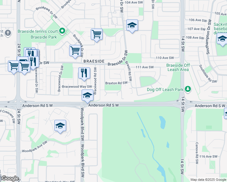 map of restaurants, bars, coffee shops, grocery stores, and more near 333 Braxton Place Southwest in Calgary