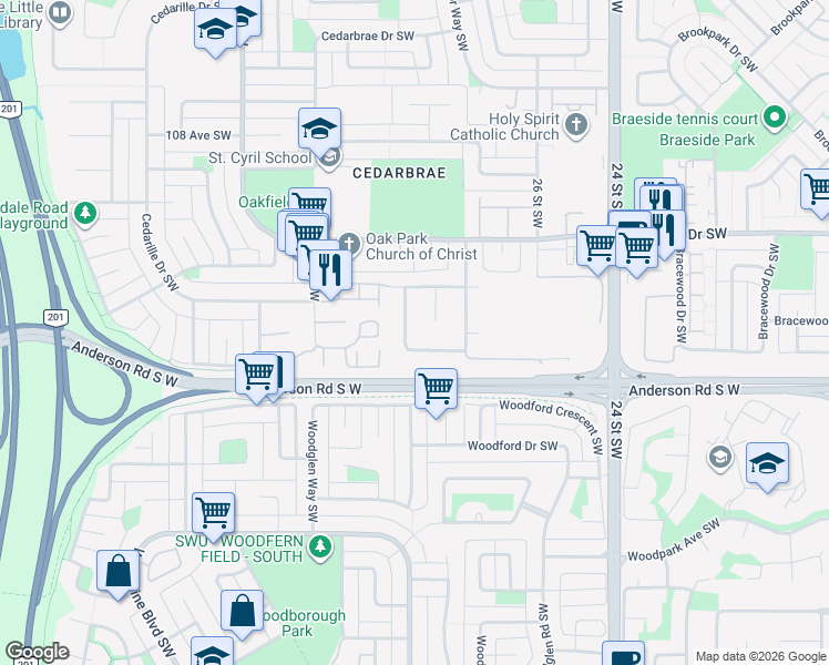 map of restaurants, bars, coffee shops, grocery stores, and more near 32 Cedargrove Way Southwest in Calgary