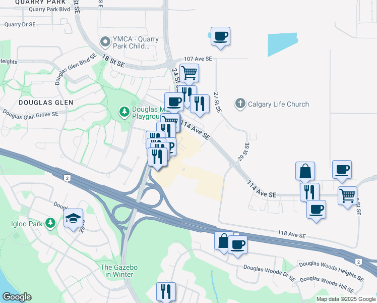 map of restaurants, bars, coffee shops, grocery stores, and more near 11520 24 Street Southeast in Calgary