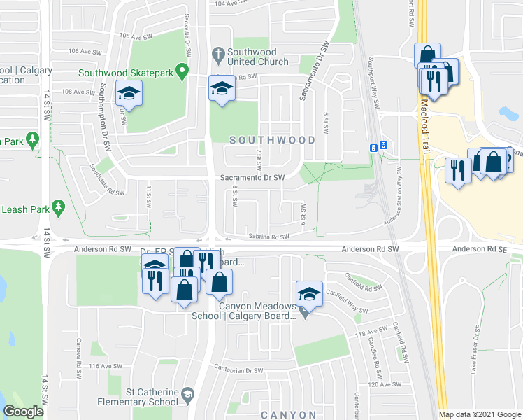map of restaurants, bars, coffee shops, grocery stores, and more near 212 Sabrina Way Southwest in Calgary