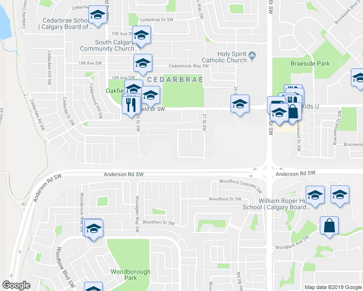 map of restaurants, bars, coffee shops, grocery stores, and more near 32 Cedargrove Way Southwest in Calgary