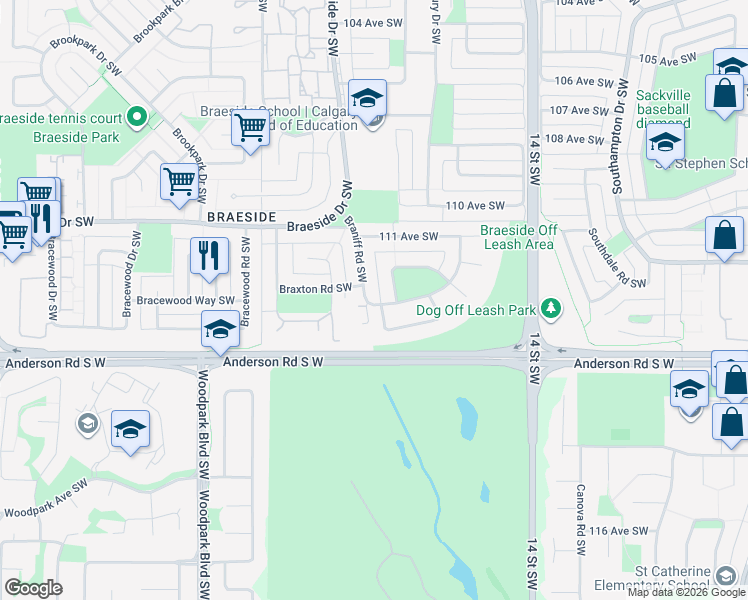 map of restaurants, bars, coffee shops, grocery stores, and more near 11412 Braniff Road Southwest in Calgary