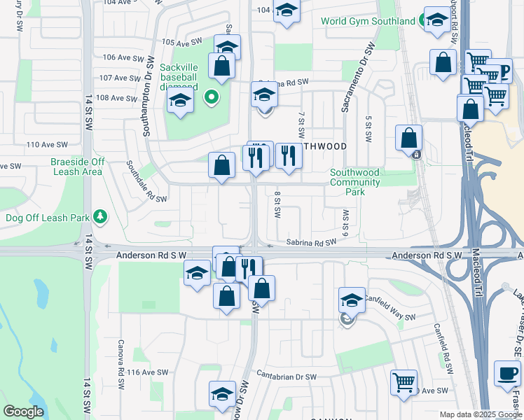map of restaurants, bars, coffee shops, grocery stores, and more near 11424 A Elbow Drive Southwest in Calgary