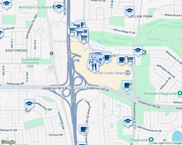 map of restaurants, bars, coffee shops, grocery stores, and more near 100 Anderson Road Southeast in Calgary