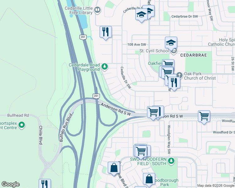 map of restaurants, bars, coffee shops, grocery stores, and more near 194 Cedardale Road Southwest in Calgary