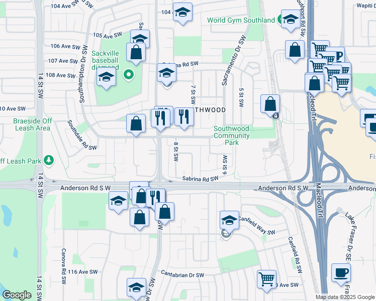 map of restaurants, bars, coffee shops, grocery stores, and more near 116 Sabrina Way Southwest in Calgary