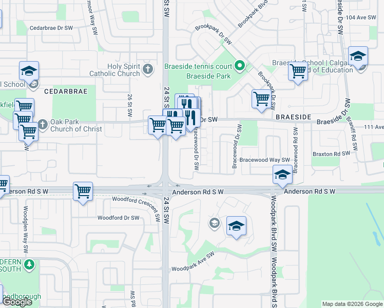 map of restaurants, bars, coffee shops, grocery stores, and more near 740 Bracewood Drive Southwest in Calgary