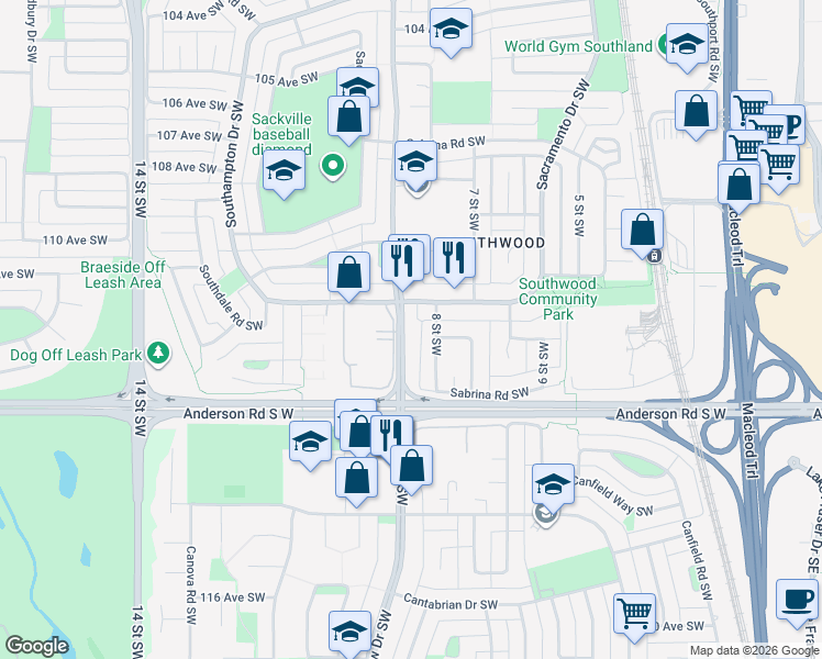 map of restaurants, bars, coffee shops, grocery stores, and more near 11416 Elbow Drive Southwest in Calgary