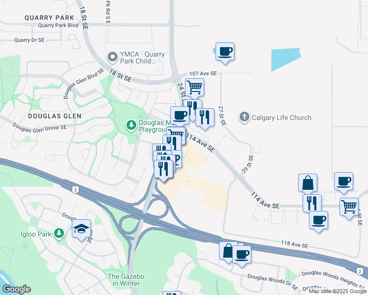 map of restaurants, bars, coffee shops, grocery stores, and more near 11520 24 Street Southeast in Calgary