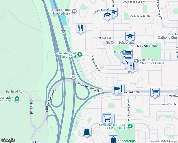 map of restaurants, bars, coffee shops, grocery stores, and more near 194 Cedardale Road Southwest in Calgary