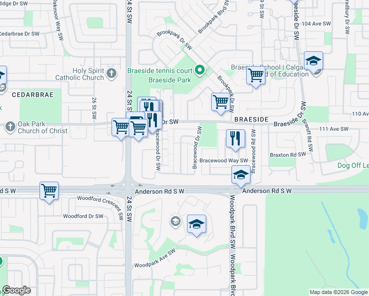 map of restaurants, bars, coffee shops, grocery stores, and more near 912 Bracewood Rise Southwest in Calgary