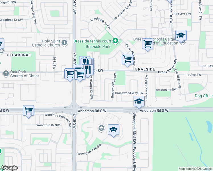 map of restaurants, bars, coffee shops, grocery stores, and more near 912 Bracewood Rise Southwest in Calgary