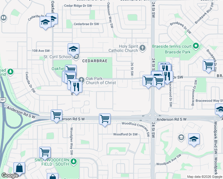 map of restaurants, bars, coffee shops, grocery stores, and more near 230 Cedarbrook Bay Southwest in Calgary