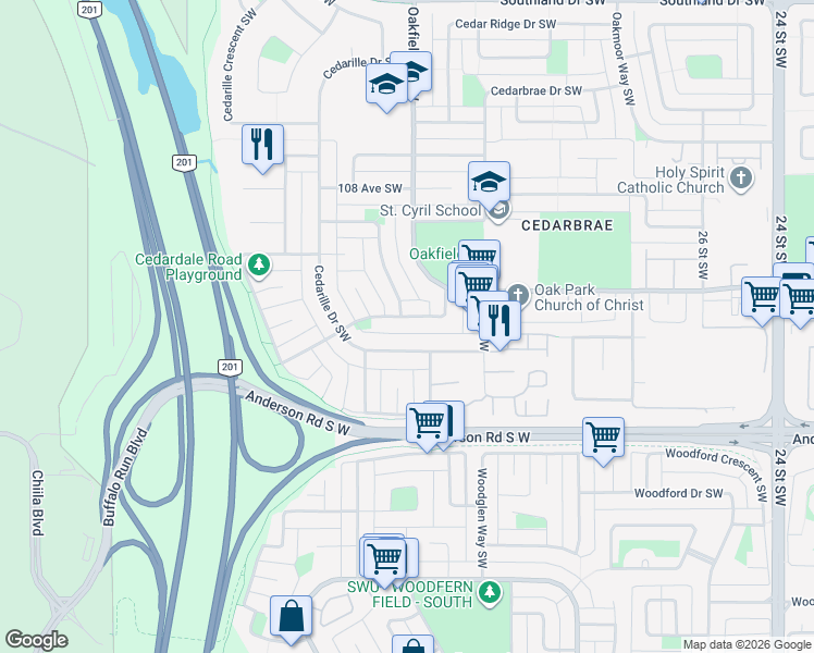 map of restaurants, bars, coffee shops, grocery stores, and more near 43 A Cedarwood Rise Southwest in Calgary