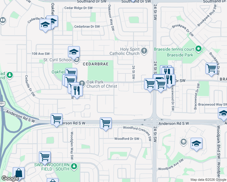map of restaurants, bars, coffee shops, grocery stores, and more near 230 Cedarbrook Bay Southwest in Calgary