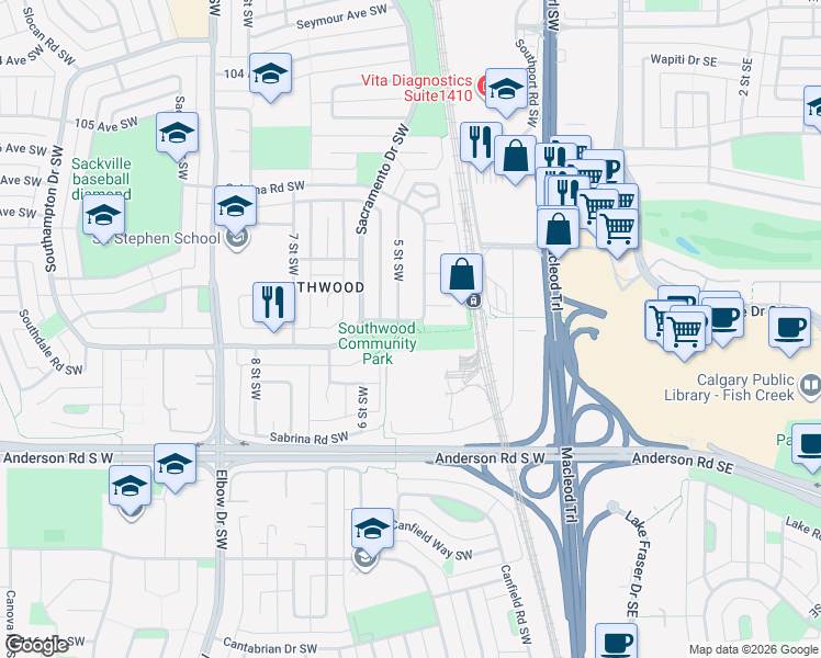 map of restaurants, bars, coffee shops, grocery stores, and more near 611 110 Avenue Southwest in Calgary