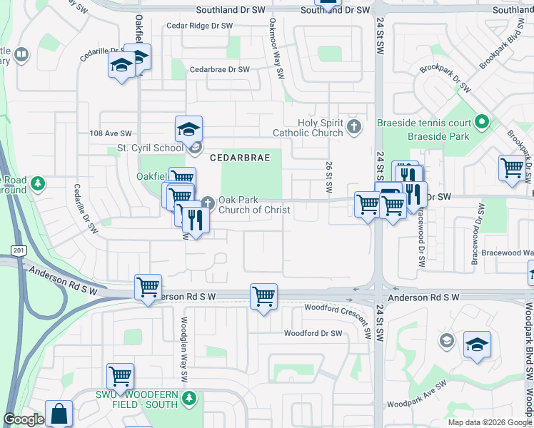 map of restaurants, bars, coffee shops, grocery stores, and more near 230 Cedarbrook Bay Southwest in Calgary