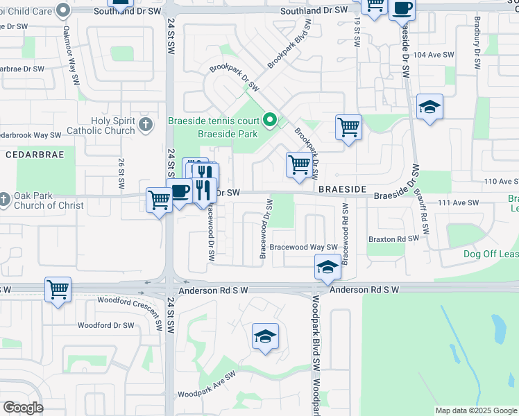 map of restaurants, bars, coffee shops, grocery stores, and more near 912 Bracewood Rise Southwest in Calgary
