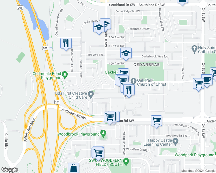 map of restaurants, bars, coffee shops, grocery stores, and more near 43 A Cedarwood Rise Southwest in Calgary