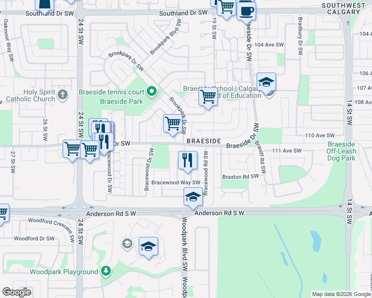 map of restaurants, bars, coffee shops, grocery stores, and more near in Calgary