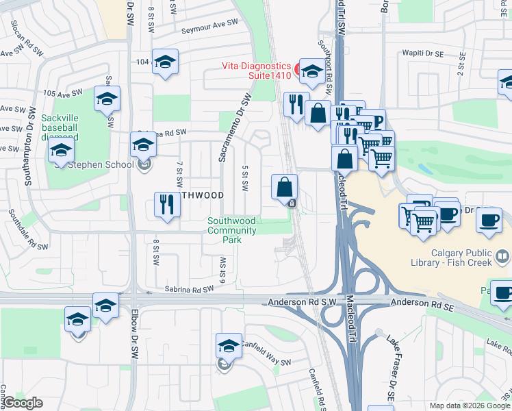 map of restaurants, bars, coffee shops, grocery stores, and more near 611 110 Avenue Southwest in Calgary