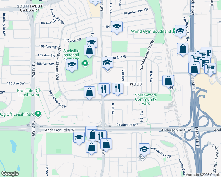 map of restaurants, bars, coffee shops, grocery stores, and more near 828 Southmount Place Southwest in Calgary