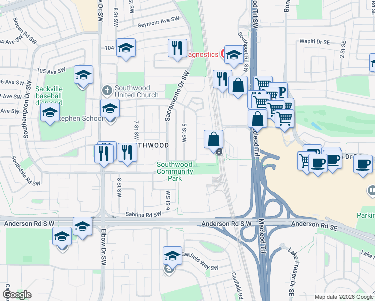 map of restaurants, bars, coffee shops, grocery stores, and more near 11020 5 Street Southwest in Calgary