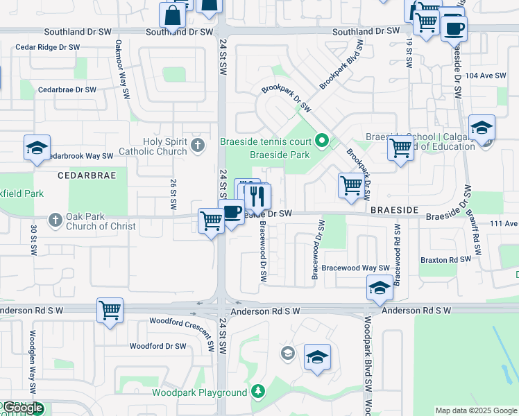 map of restaurants, bars, coffee shops, grocery stores, and more near 200 Brookpark Drive Southwest in Calgary