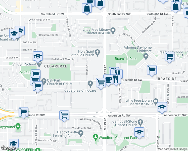map of restaurants, bars, coffee shops, grocery stores, and more near 115 Cedar Springs Gardens Southwest in Calgary