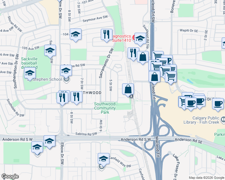 map of restaurants, bars, coffee shops, grocery stores, and more near 11010 5 Street Southwest in Calgary