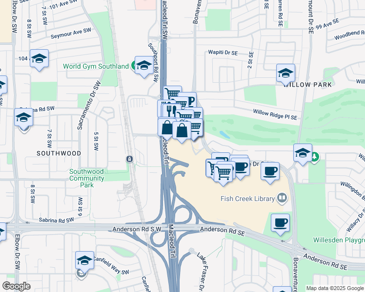map of restaurants, bars, coffee shops, grocery stores, and more near 11012 Macleod Trail Southeast in Calgary