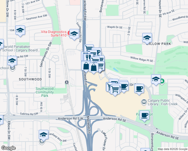 map of restaurants, bars, coffee shops, grocery stores, and more near 11012 Macleod Trail Southeast in Calgary