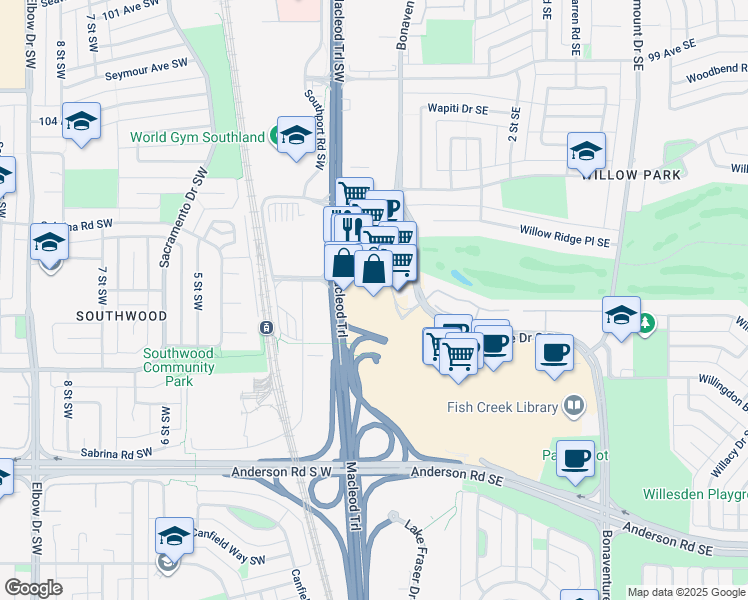 map of restaurants, bars, coffee shops, grocery stores, and more near 11012 Macleod Trail Southeast in Calgary