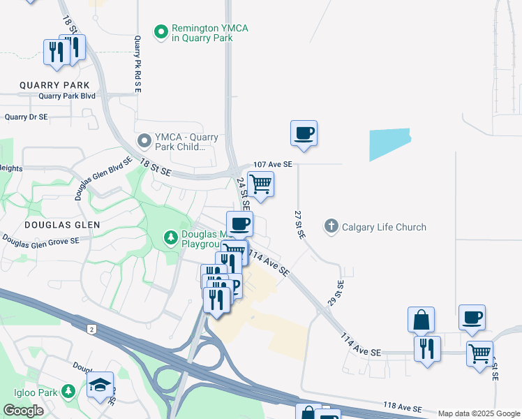 map of restaurants, bars, coffee shops, grocery stores, and more near 10836 24 Street Southeast in Calgary