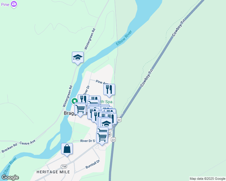 map of restaurants, bars, coffee shops, grocery stores, and more near 3 Burnside Drive in Bragg Creek