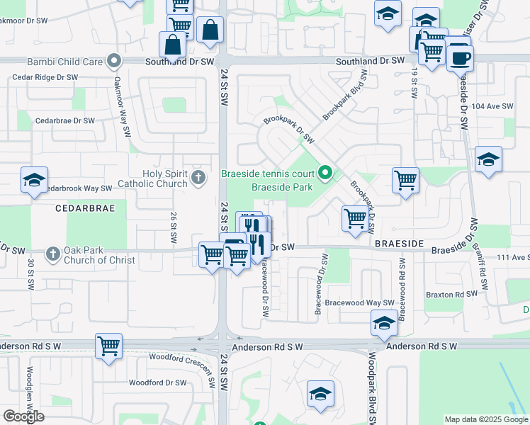 map of restaurants, bars, coffee shops, grocery stores, and more near 200 Brookpark Drive Southwest in Calgary