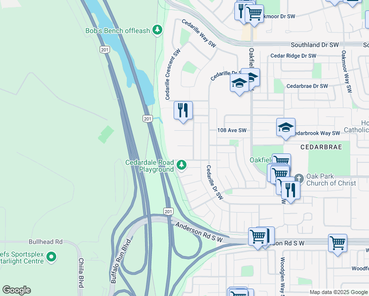 map of restaurants, bars, coffee shops, grocery stores, and more near 375 Cedardale Place Southwest in Calgary