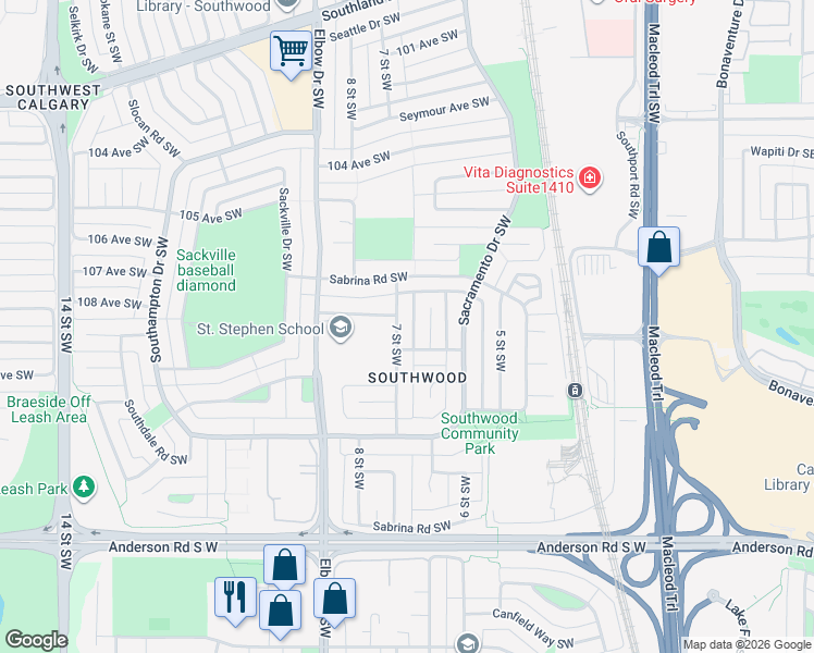 map of restaurants, bars, coffee shops, grocery stores, and more near 10820 7 Street Southwest in Calgary