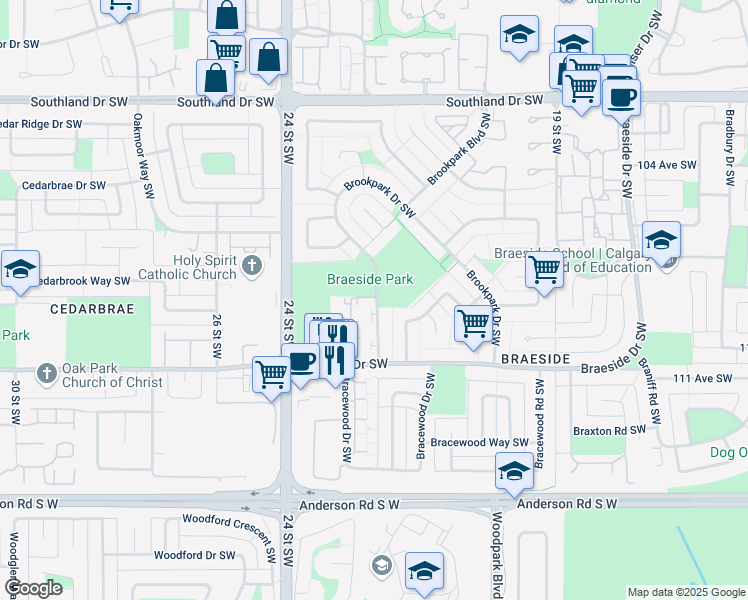 map of restaurants, bars, coffee shops, grocery stores, and more near 256 Brookpark Drive Southwest in Calgary