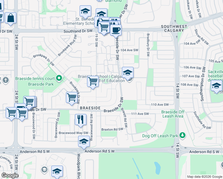 map of restaurants, bars, coffee shops, grocery stores, and more near 10821 Brae Road Southwest in Calgary