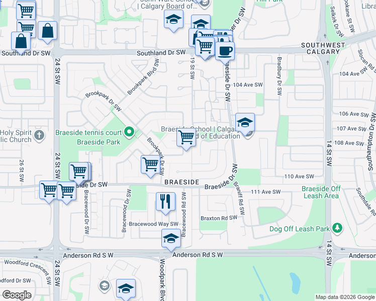 map of restaurants, bars, coffee shops, grocery stores, and more near 459 Brookmere Crescent Southwest in Calgary