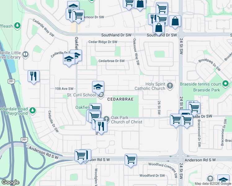 map of restaurants, bars, coffee shops, grocery stores, and more near 61 Cedarbrook Way Southwest in Calgary