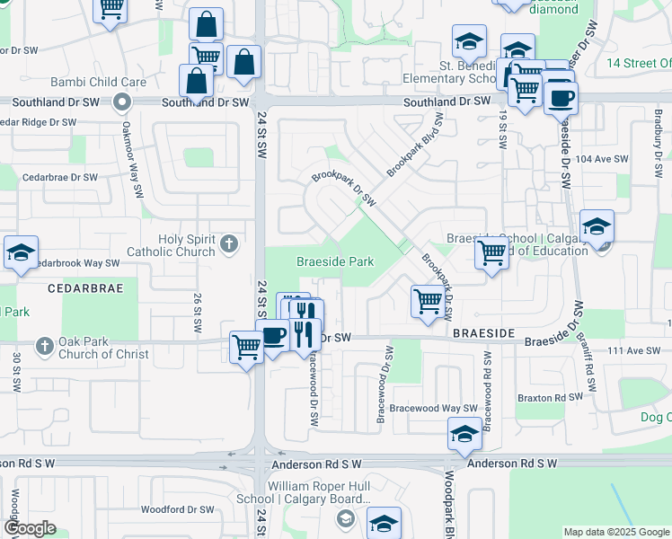 map of restaurants, bars, coffee shops, grocery stores, and more near 256 Brookpark Drive Southwest in Calgary
