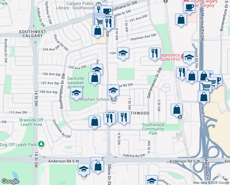 map of restaurants, bars, coffee shops, grocery stores, and more near 916 Stonehaven Road Southwest in Calgary