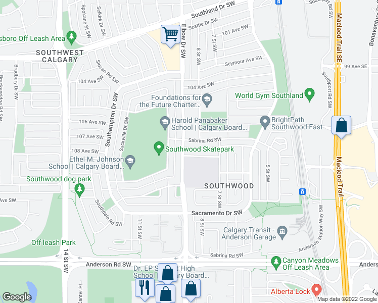 map of restaurants, bars, coffee shops, grocery stores, and more near 916 Stonehaven Road Southwest in Calgary