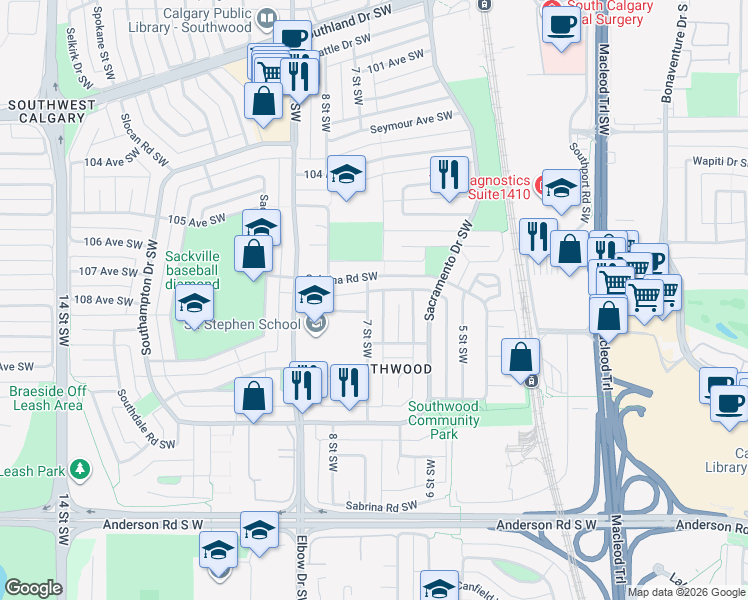 map of restaurants, bars, coffee shops, grocery stores, and more near 10820 7 Street Southwest in Calgary