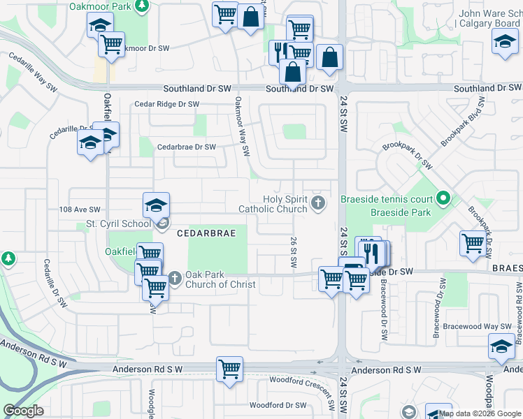 map of restaurants, bars, coffee shops, grocery stores, and more near 148 Cedarbrook Way Southwest in Calgary