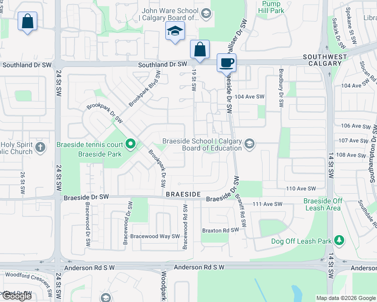 map of restaurants, bars, coffee shops, grocery stores, and more near 459 Brookmere Crescent Southwest in Calgary