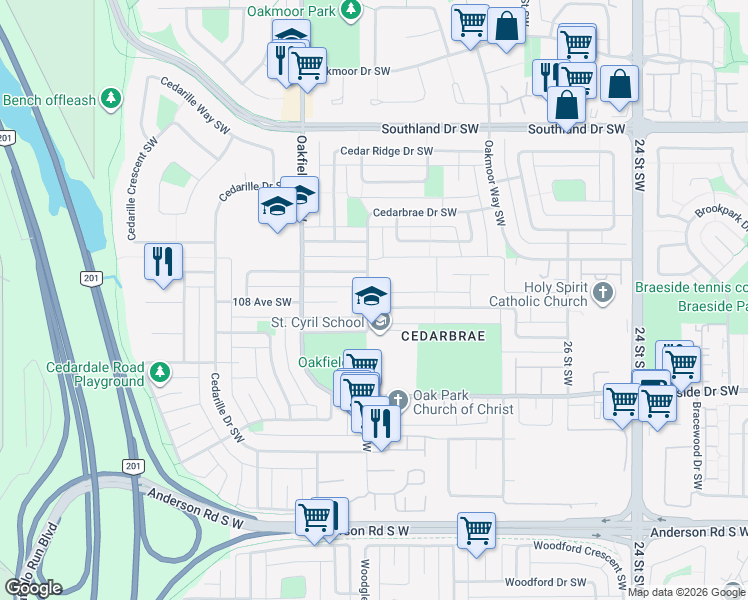 map of restaurants, bars, coffee shops, grocery stores, and more near 4 Cedarbrook Way Southwest in Calgary
